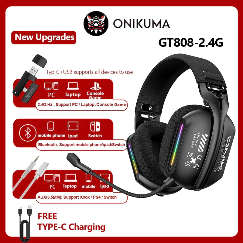 Onikuma Gt808 Three-Mode Wireless E-sports Gaming Headset with Microphone, RGB Lighting, Supports Bluetooth 5.3 / 2.4g / Aux 3.5mm