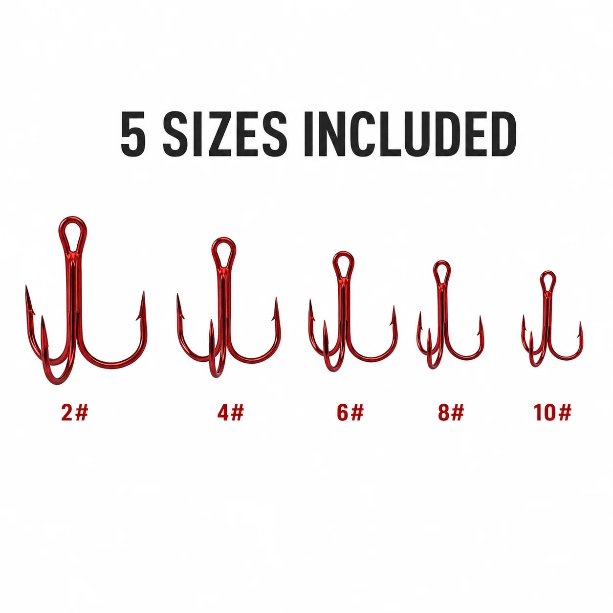 Ensemble de 50 hameçons triples rouges avec boîte de rangement, 5 tailles 2 #   4 #   Assortiment d'hameçons de pêche 6 8 10 pour leurres et kit de remplacement de matériel de pêche