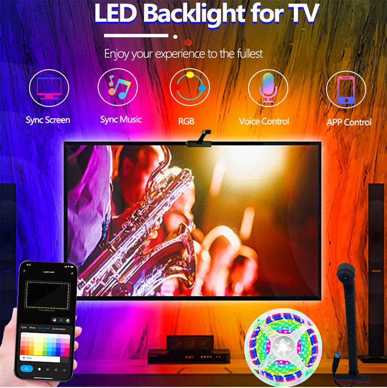 Bande lumineuse LED RGBIC pour téléviseur avec caméra, contrôle par application, synchronisation musicale, lumières intelligentes pour salle de jeu, éclairage ambiant 55-75 pouces