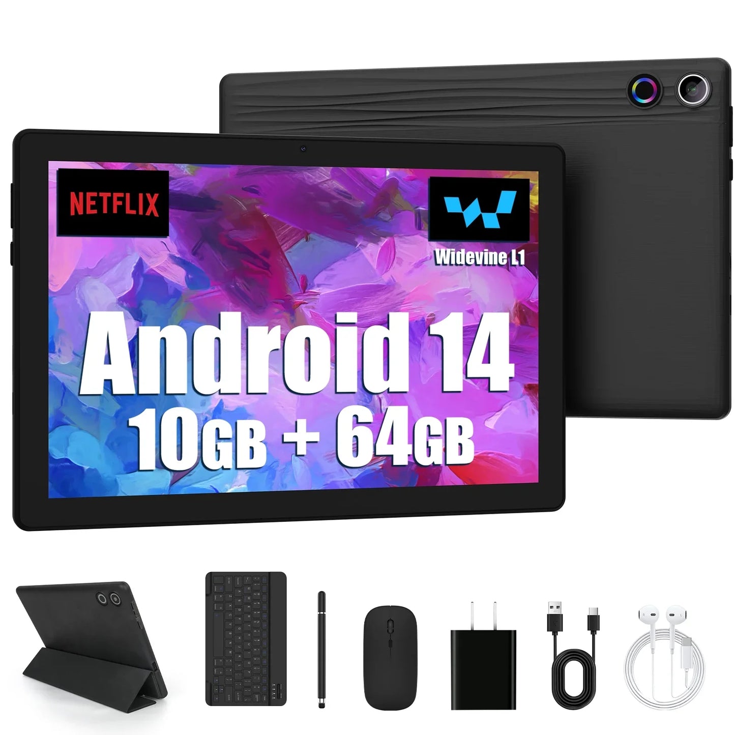 Tablette Android 15 la plus récente 2026, 10 pouces, 20 Go + 64 Go extensible à 1 To, Widevine L1, GMS, 5000 mAh, avec stylet, clavier, souris, écouteurs et étui