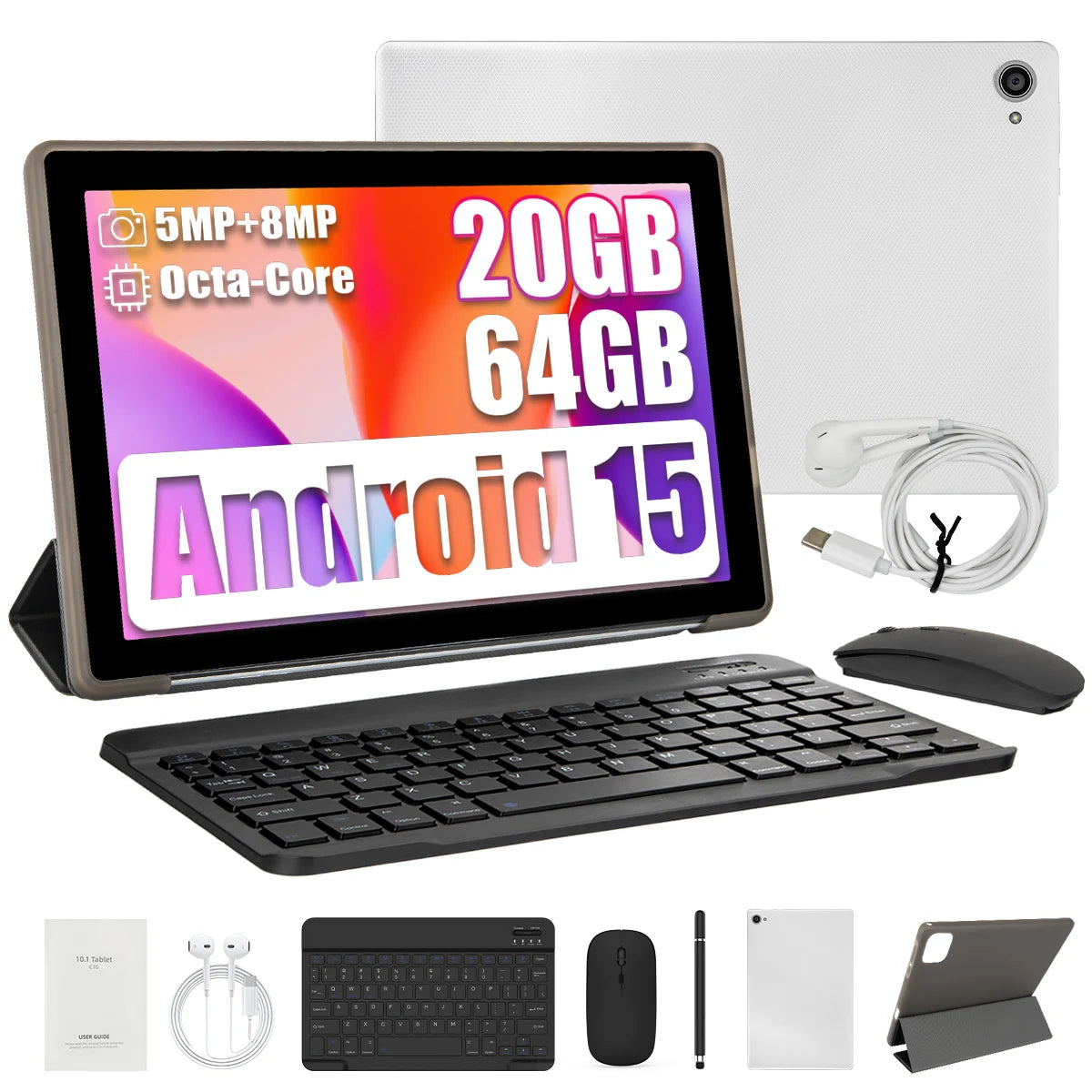 Tablet Android 15 de 10 pulgadas, 20 GB de RAM, 64 GB de ROM ampliable a 1 TB, WIFI6, WidevineL1, GMS, 5000 mAh, Lápiz Óptico, Teclado, Ratón, Auriculares, Combo