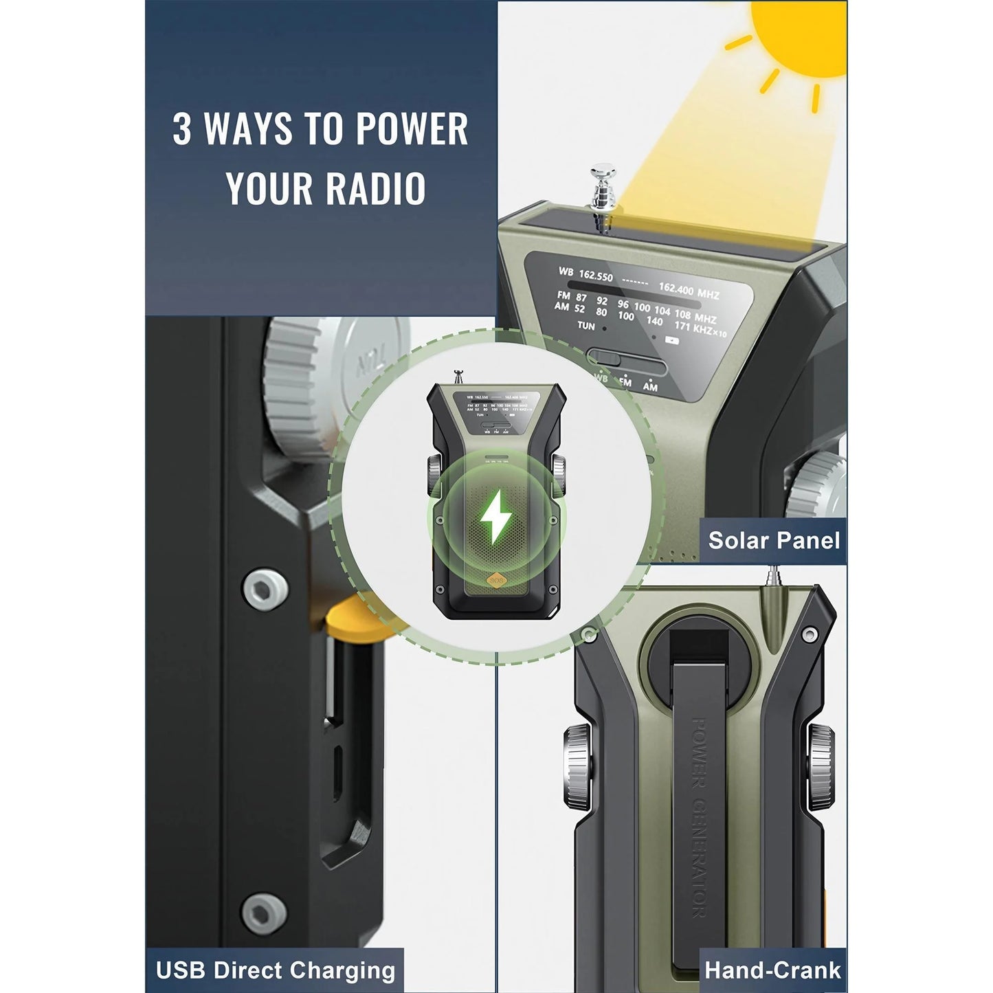 Radio météo d'urgence multifonctionnelle, FM AM WB, manivelle, charge USB solaire, batterie externe 2000mAh, lampe torche LED