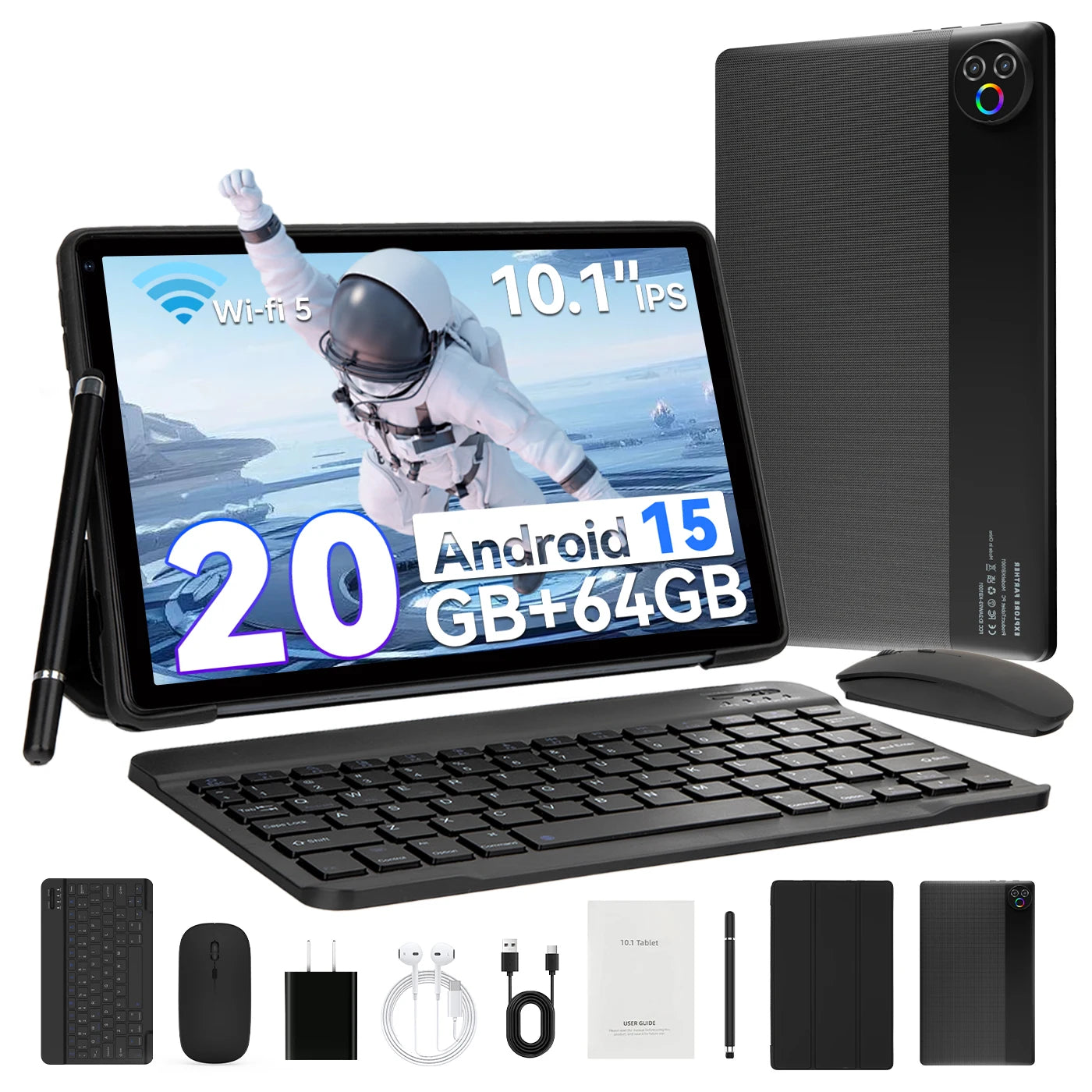 Tablet Android 15 de 10 pulgadas, 20 GB de RAM, 64 GB de ROM ampliable a 1 TB, WIFI6, WidevineL1, GMS, 5000 mAh, Lápiz Óptico, Teclado, Ratón, Auriculares, Combo