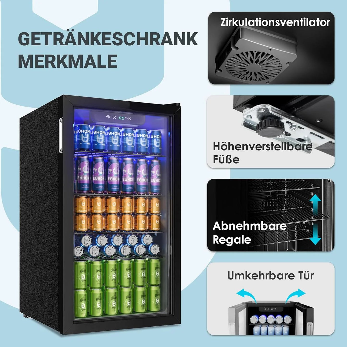 Refrigerador de bebidas con puerta de vidrio para 126 latas, estantes ajustables, para cerveza/vino, hogar/bar/oficina, acero inoxidable negro