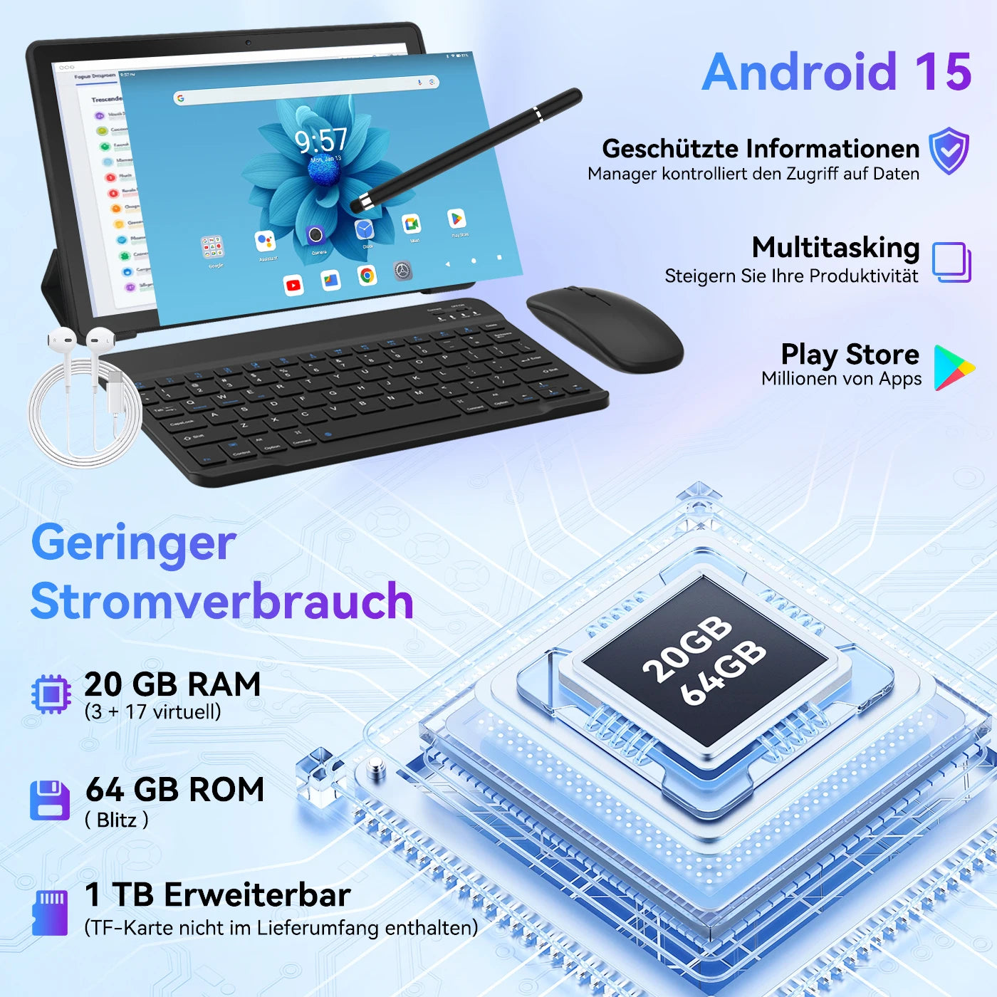 Tablet Android 15 de 10 pulgadas, 20 GB de RAM, 64 GB de ROM ampliable a 1 TB, WIFI6, WidevineL1, GMS, 5000 mAh, Lápiz Óptico, Teclado, Ratón, Auriculares, Combo