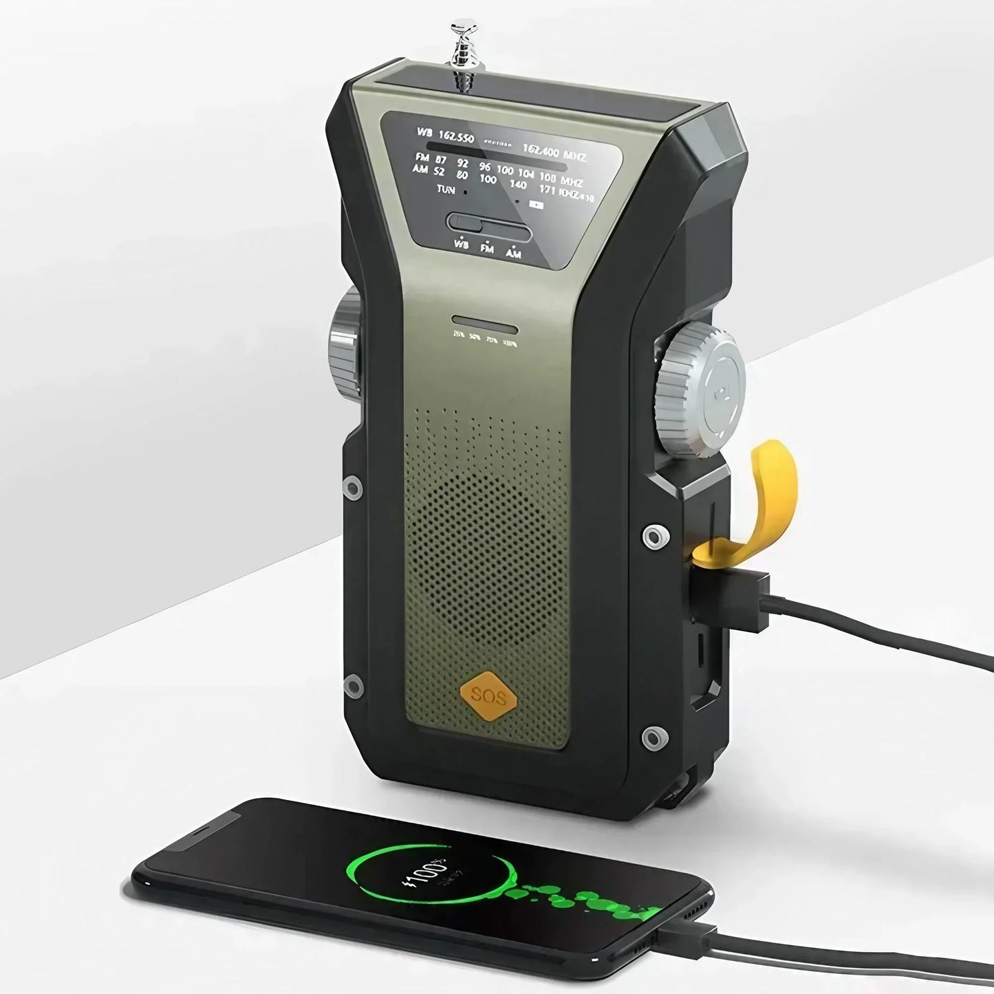 Radio météo d'urgence multifonctionnelle, FM AM WB, manivelle, charge USB solaire, batterie externe 2000mAh, lampe torche LED