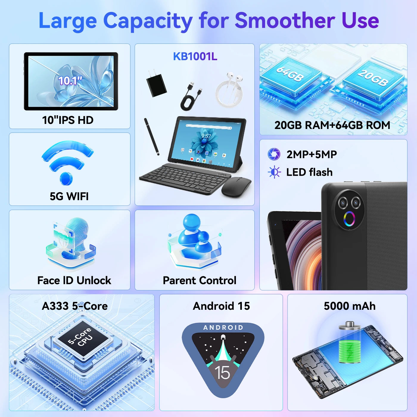 Tablet Android 15 de 10 pulgadas, 20 GB de RAM, 64 GB de ROM ampliable a 1 TB, WIFI6, WidevineL1, GMS, 5000 mAh, Lápiz Óptico, Teclado, Ratón, Auriculares, Combo