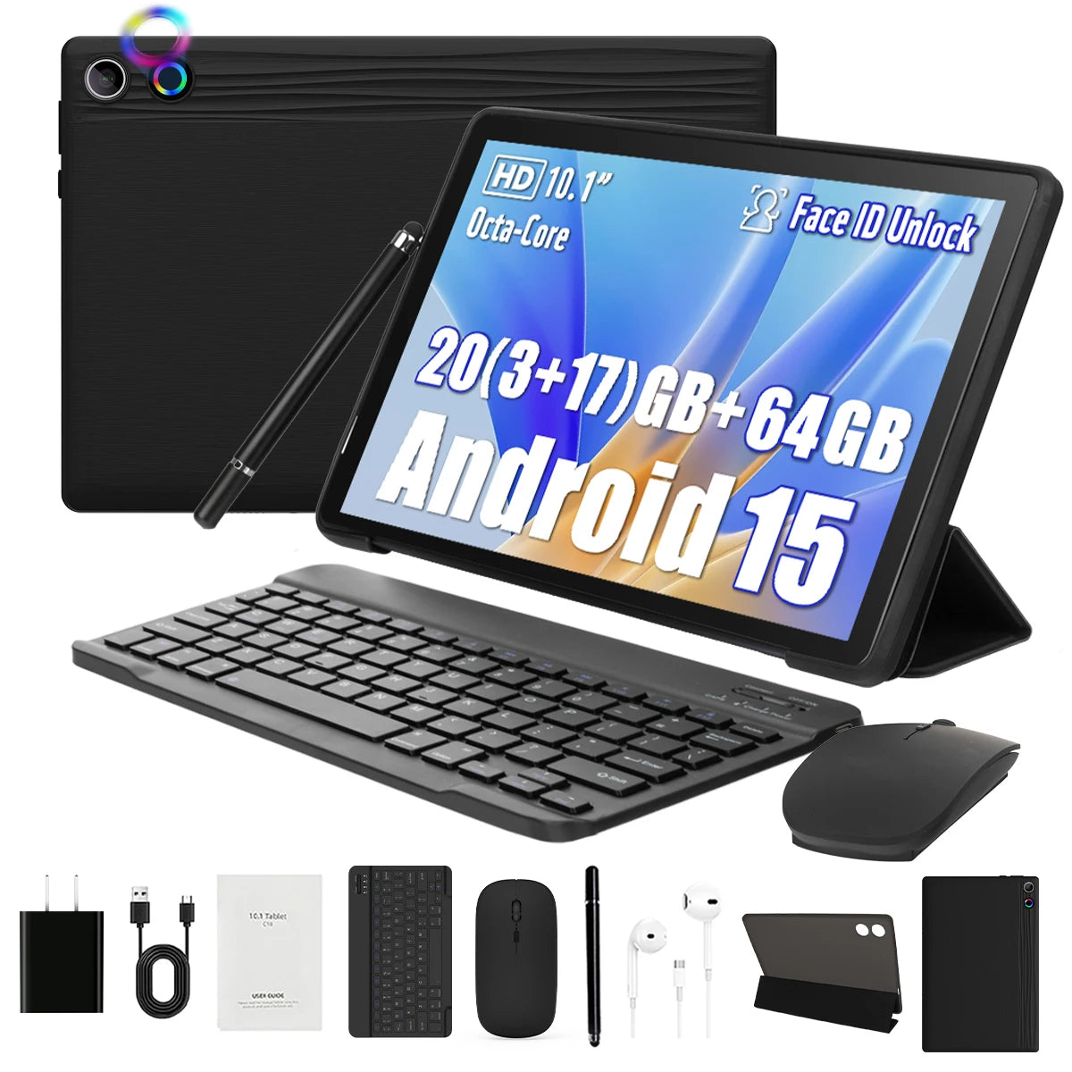 Tablette Android 15 la plus récente 2026, 10 pouces, 20 Go + 64 Go extensible à 1 To, Widevine L1, GMS, 5000 mAh, avec stylet, clavier, souris, écouteurs et étui