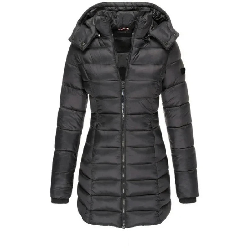 Women's Thick Warm Parka, Solid Color Zip-up Coat, Long Sleeve Padded Puffer Mid-length Slim Hoodie Winter Jacket