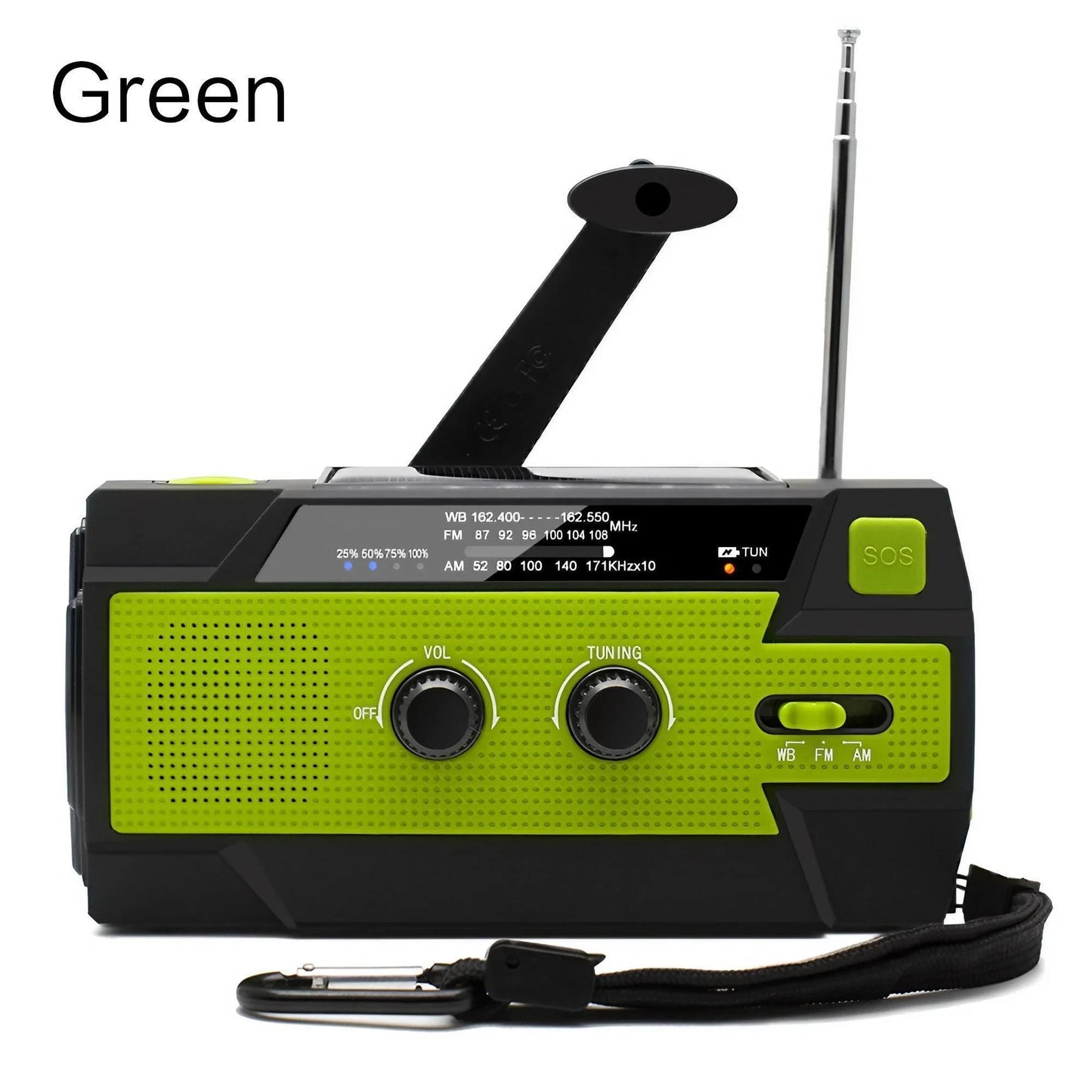 Radio météo d'urgence multifonctionnelle, FM AM WB, manivelle, charge USB solaire, batterie externe 2000mAh, lampe torche LED