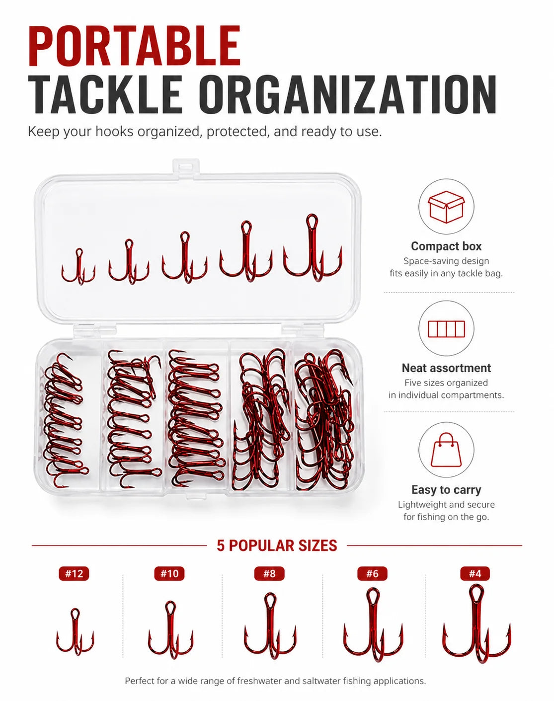 Ensemble de 50 hameçons triples rouges avec boîte de rangement, 5 tailles 2 #   4 #   Assortiment d'hameçons de pêche 6 8 10 pour leurres et kit de remplacement de matériel de pêche