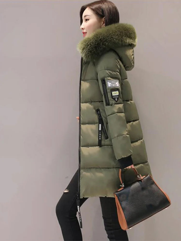 Women's Hooded Parka with Fur Collar, Elegant Long Slim Warm Jacket, Optical Design, Zipper Pockets, Letter Patch, Winter Fashion