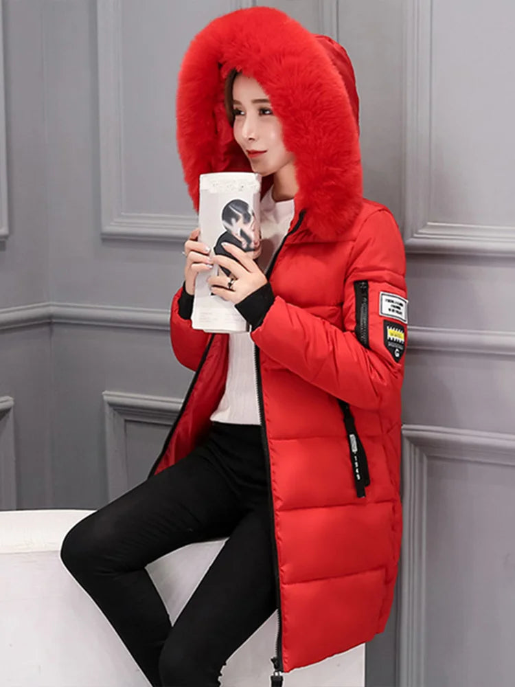 Women's Hooded Parka with Fur Collar, Elegant Long Slim Warm Jacket, Optical Design, Zipper Pockets, Letter Patch, Winter Fashion