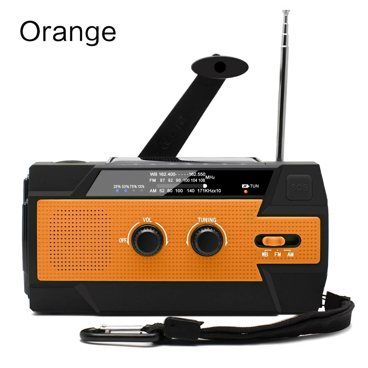 Radio météo d'urgence multifonctionnelle, FM AM WB, manivelle, charge USB solaire, batterie externe 2000mAh, lampe torche LED