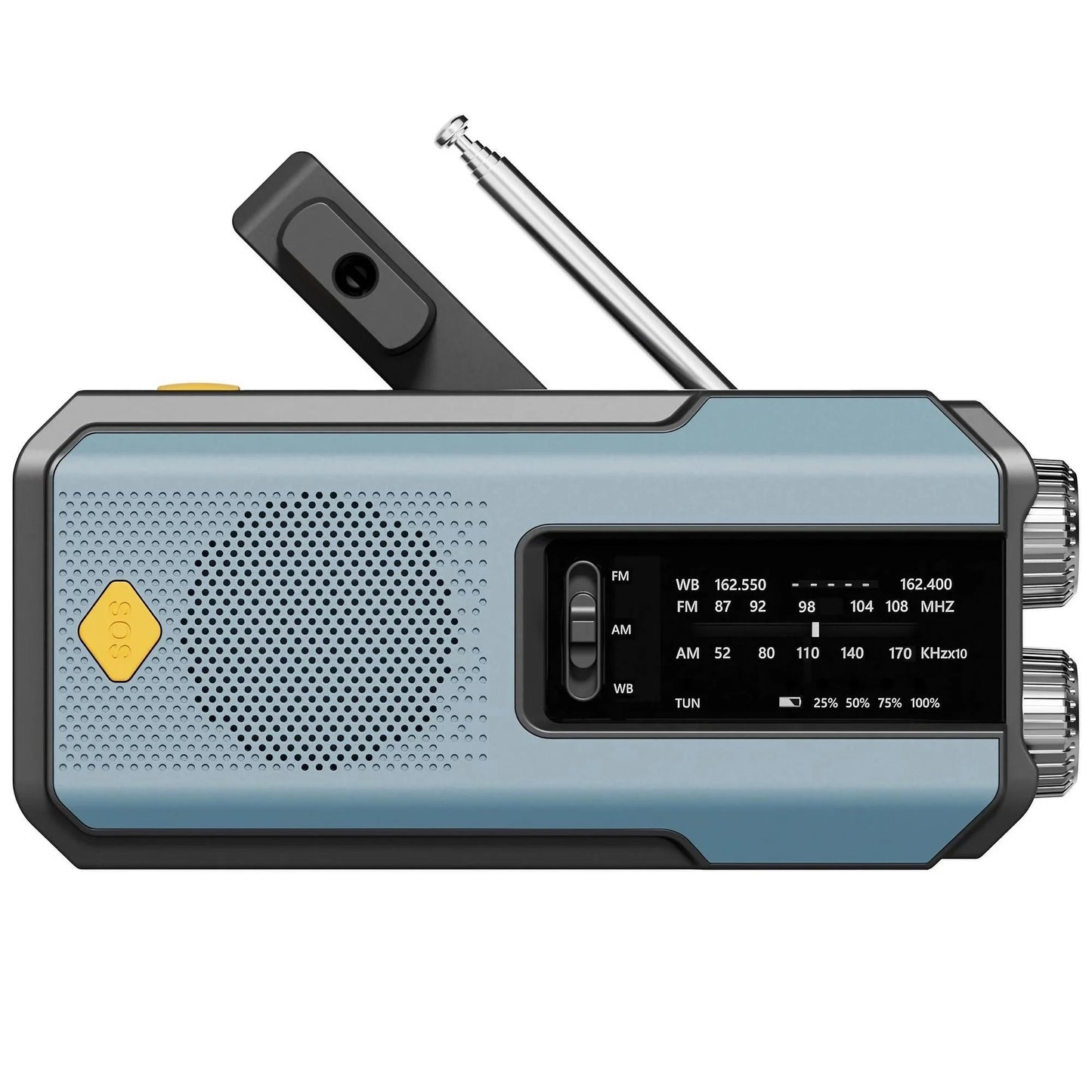 Radio météo d'urgence multifonctionnelle, FM AM WB, manivelle, charge USB solaire, batterie externe 2000mAh, lampe torche LED