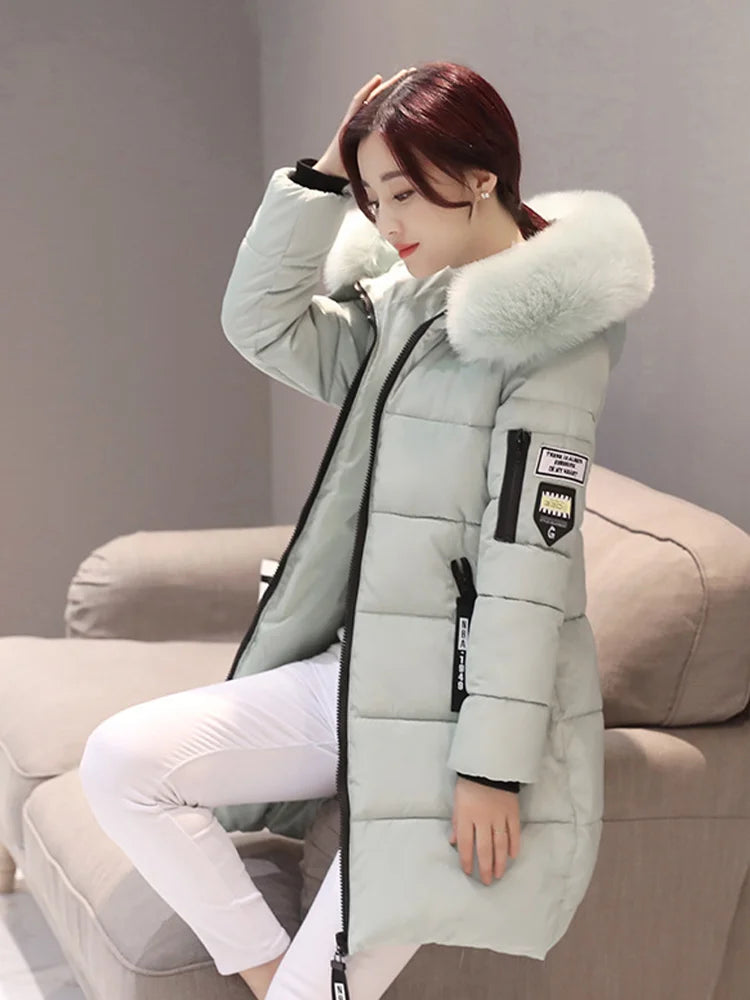 Women's Hooded Parka with Fur Collar, Elegant Long Slim Warm Jacket, Optical Design, Zipper Pockets, Letter Patch, Winter Fashion
