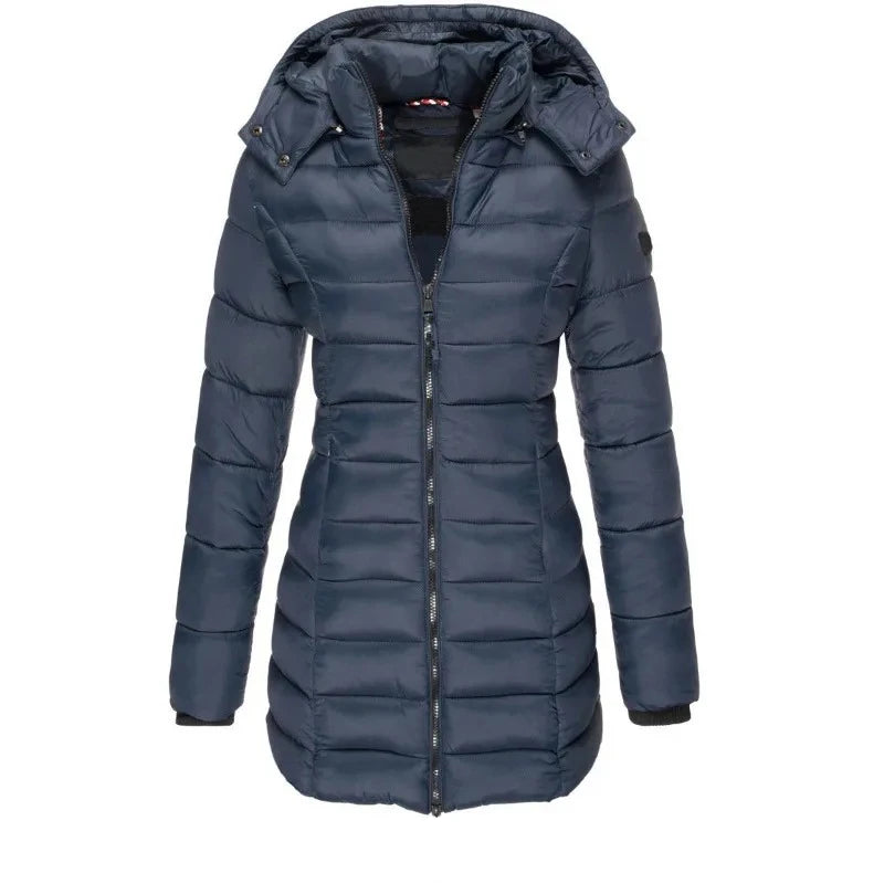 Women's Thick Warm Parka, Solid Color Zip-up Coat, Long Sleeve Padded Puffer Mid-length Slim Hoodie Winter Jacket