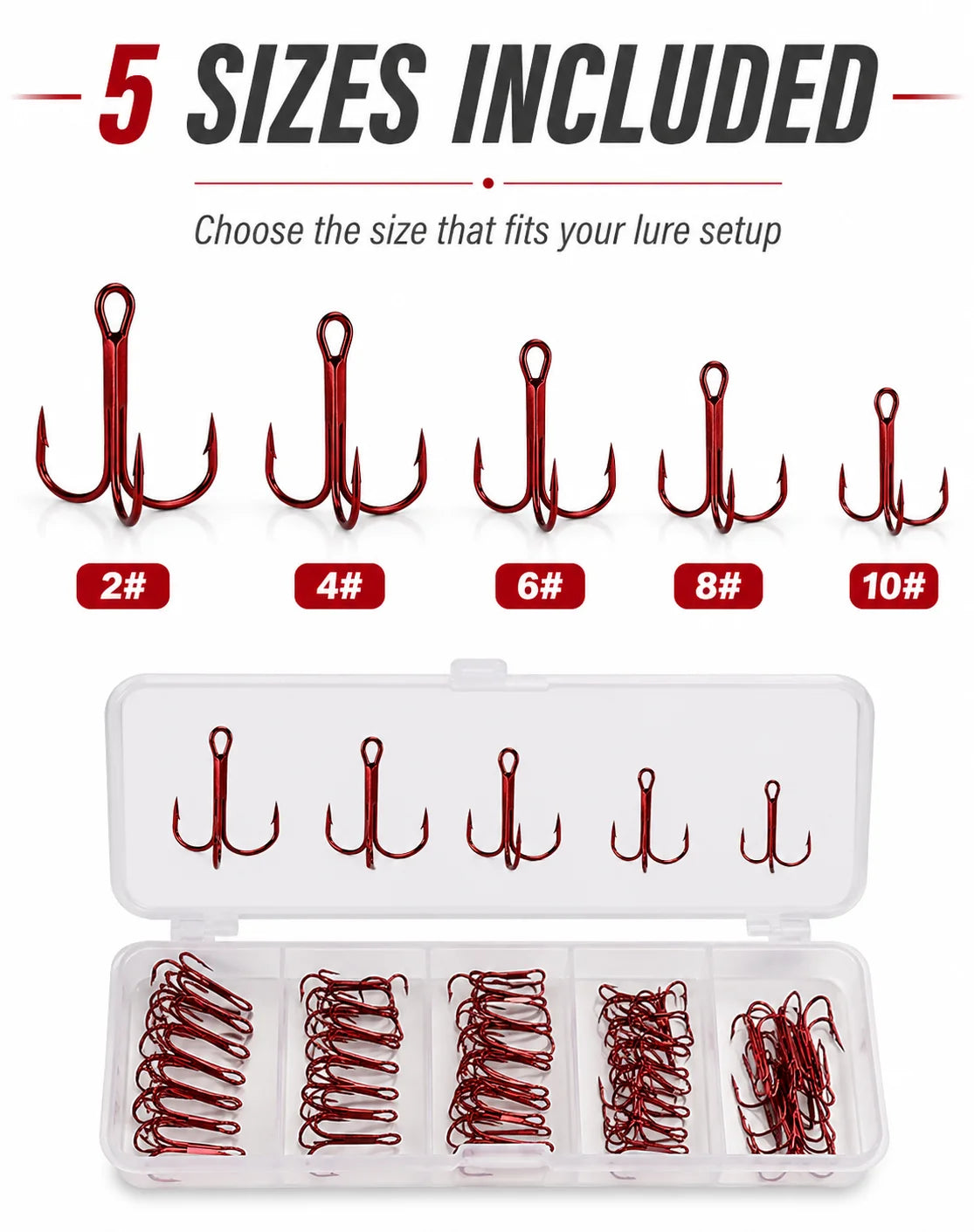 Ensemble de 50 hameçons triples rouges avec boîte de rangement, 5 tailles 2 #   4 #   Assortiment d'hameçons de pêche 6 8 10 pour leurres et kit de remplacement de matériel de pêche