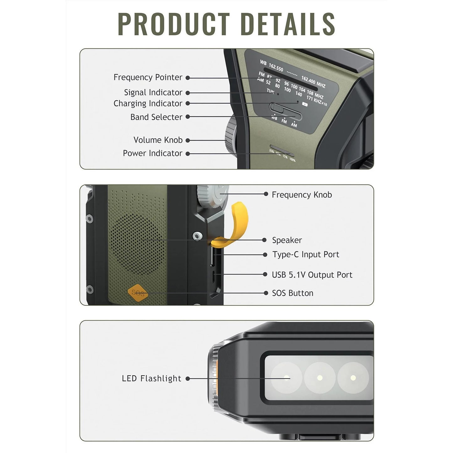 Radio météo d'urgence multifonctionnelle, FM AM WB, manivelle, charge USB solaire, batterie externe 2000mAh, lampe torche LED