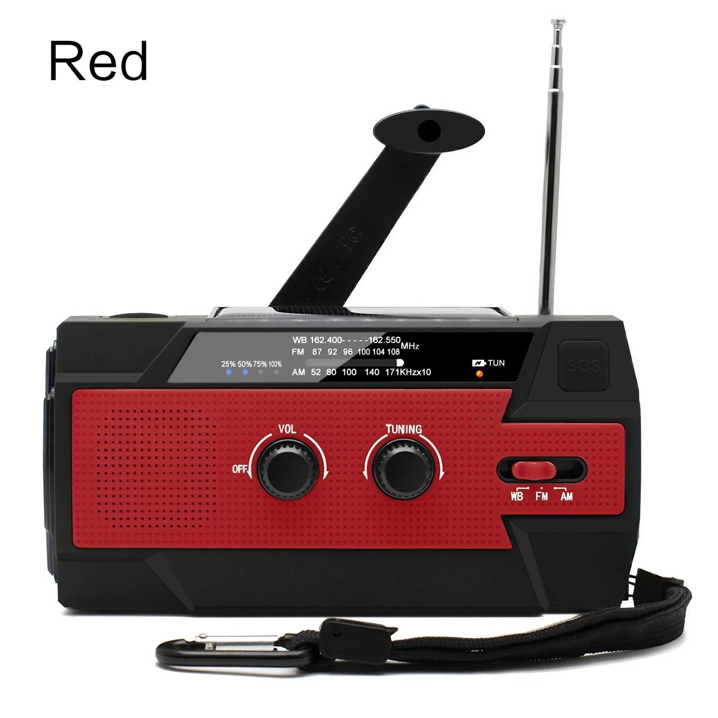 Radio météo d'urgence multifonctionnelle, FM AM WB, manivelle, charge USB solaire, batterie externe 2000mAh, lampe torche LED
