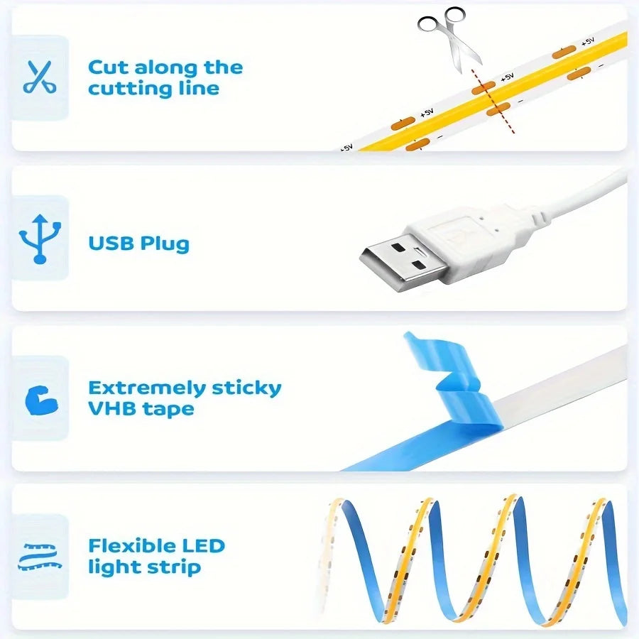 Bande Lumineuse LED COB Tactile, Gradateur Flexible, Ruban à Diodes, USB, Linéaire, Éclairage Nik, Lampe, Salle, Bricolage, TV, Miroir, Rétro-Éclairage, Décoration Murale, 5V