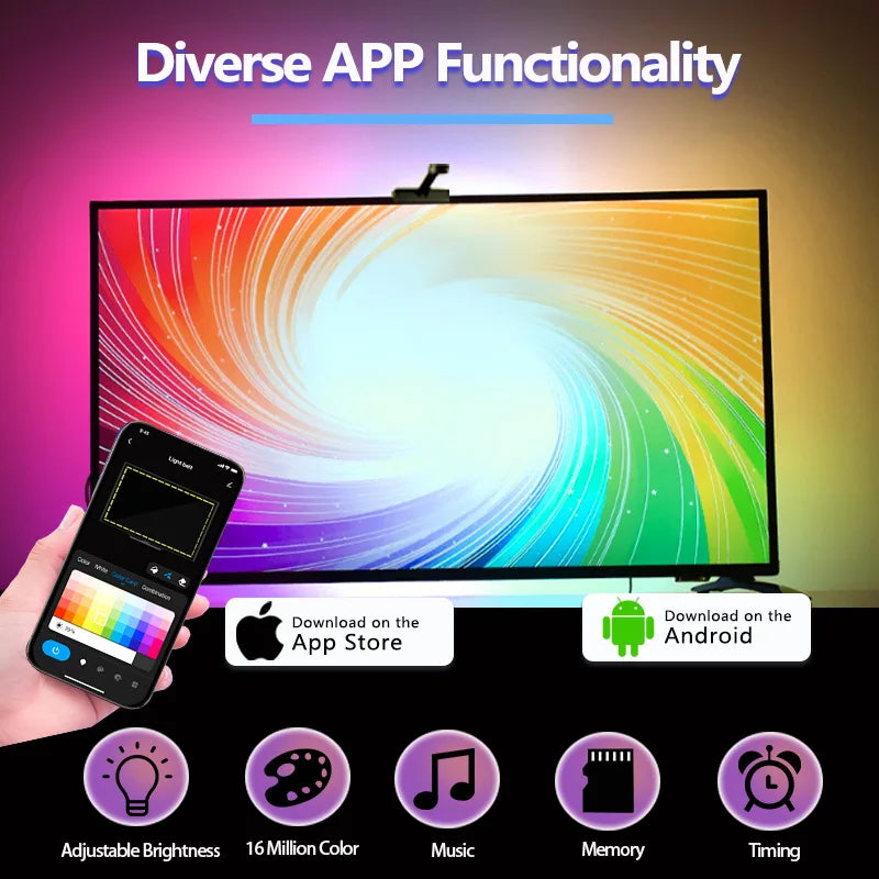 Bande lumineuse LED RGBIC pour téléviseur avec caméra, contrôle par application, synchronisation musicale, lumières intelligentes pour salle de jeu, éclairage ambiant 55-75 pouces