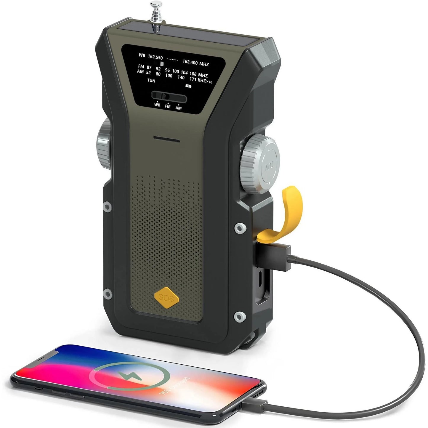 Radio météo d'urgence multifonctionnelle, FM AM WB, manivelle, charge USB solaire, batterie externe 2000mAh, lampe torche LED