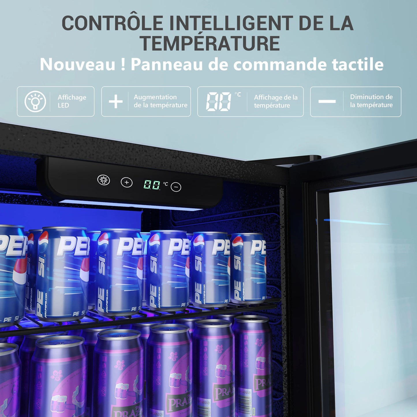 Refrigerador de bebidas con puerta de vidrio para 126 latas, estantes ajustables, para cerveza/vino, hogar/bar/oficina, acero inoxidable negro