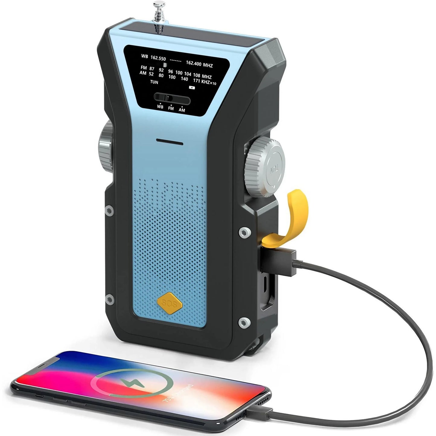 Radio météo d'urgence multifonctionnelle, FM AM WB, manivelle, charge USB solaire, batterie externe 2000mAh, lampe torche LED