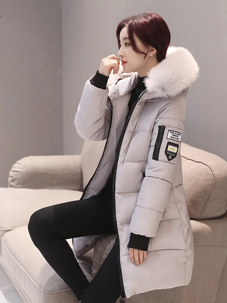 Women's Hooded Parka with Fur Collar, Elegant Long Slim Warm Jacket, Optical Design, Zipper Pockets, Letter Patch, Winter Fashion