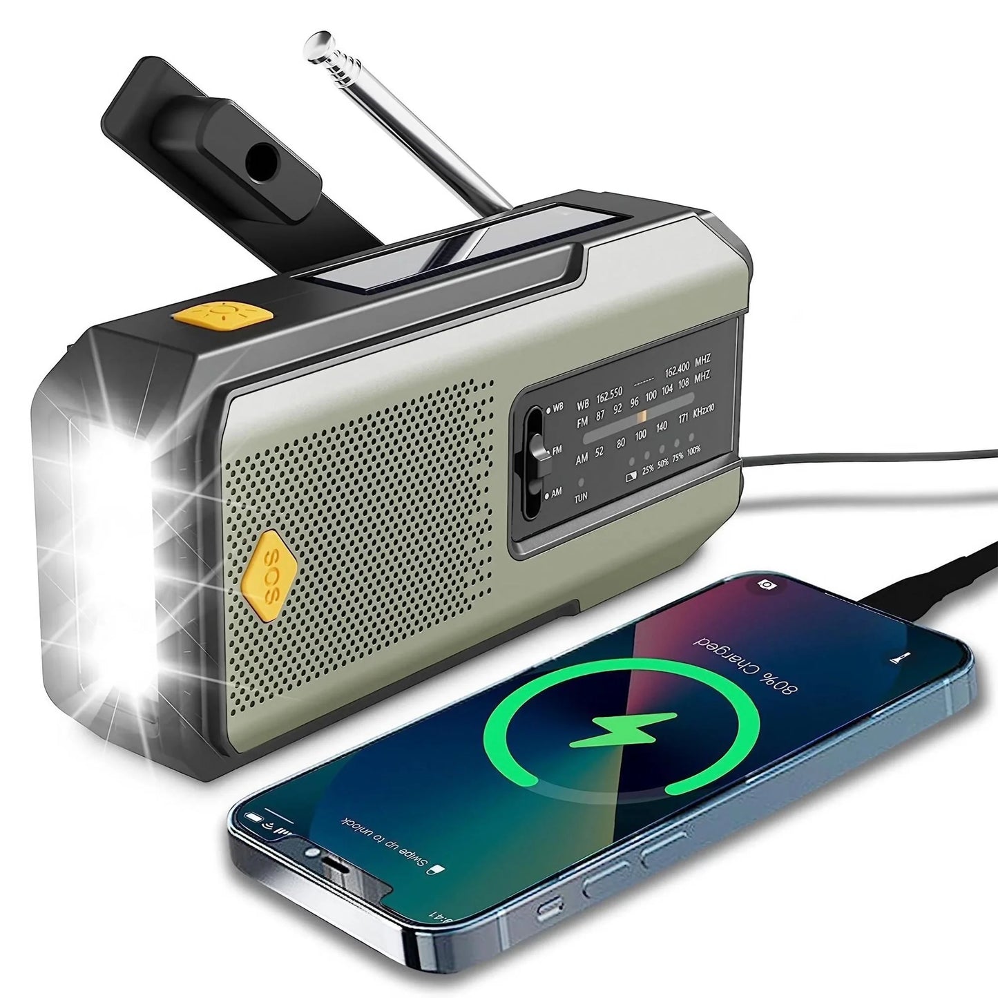 Radio météo d'urgence multifonctionnelle, FM AM WB, manivelle, charge USB solaire, batterie externe 2000mAh, lampe torche LED