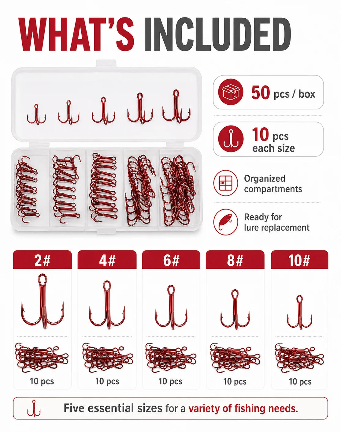Ensemble de 50 hameçons triples rouges avec boîte de rangement, 5 tailles 2 #   4 #   Assortiment d'hameçons de pêche 6 8 10 pour leurres et kit de remplacement de matériel de pêche