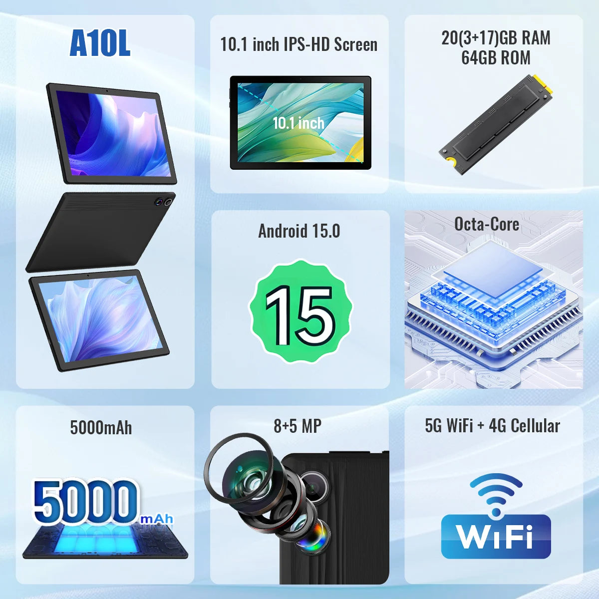 Tablette Android 15 la plus récente 2026, 10 pouces, 20 Go + 64 Go extensible à 1 To, Widevine L1, GMS, 5000 mAh, avec stylet, clavier, souris, écouteurs et étui