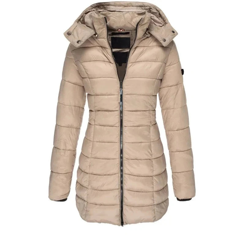 Women's Thick Warm Parka, Solid Color Zip-up Coat, Long Sleeve Padded Puffer Mid-length Slim Hoodie Winter Jacket