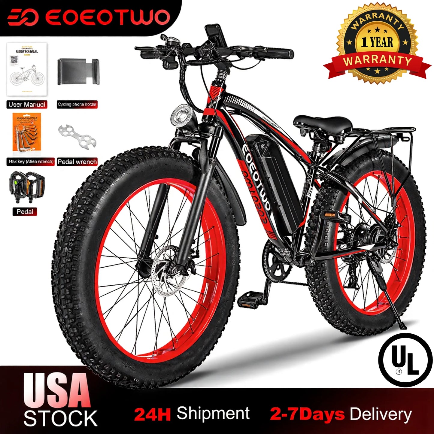 EOEOTWO E01 Adult Electric Bicycle, 1500W Peak Power Motor, 26 Inch Fat Tires, 34MPH Max Speed, 60 Miles Range, UL2849 Certified, Mountain Bike