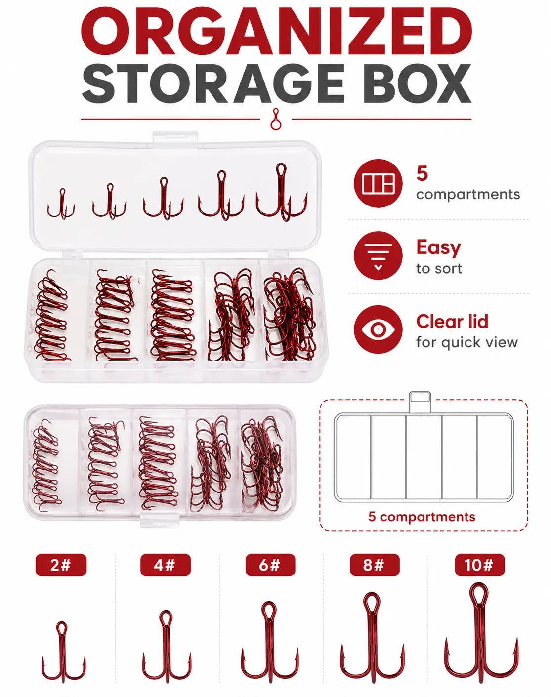 Ensemble de 50 hameçons triples rouges avec boîte de rangement, 5 tailles 2 #   4 #   Assortiment d'hameçons de pêche 6 8 10 pour leurres et kit de remplacement de matériel de pêche