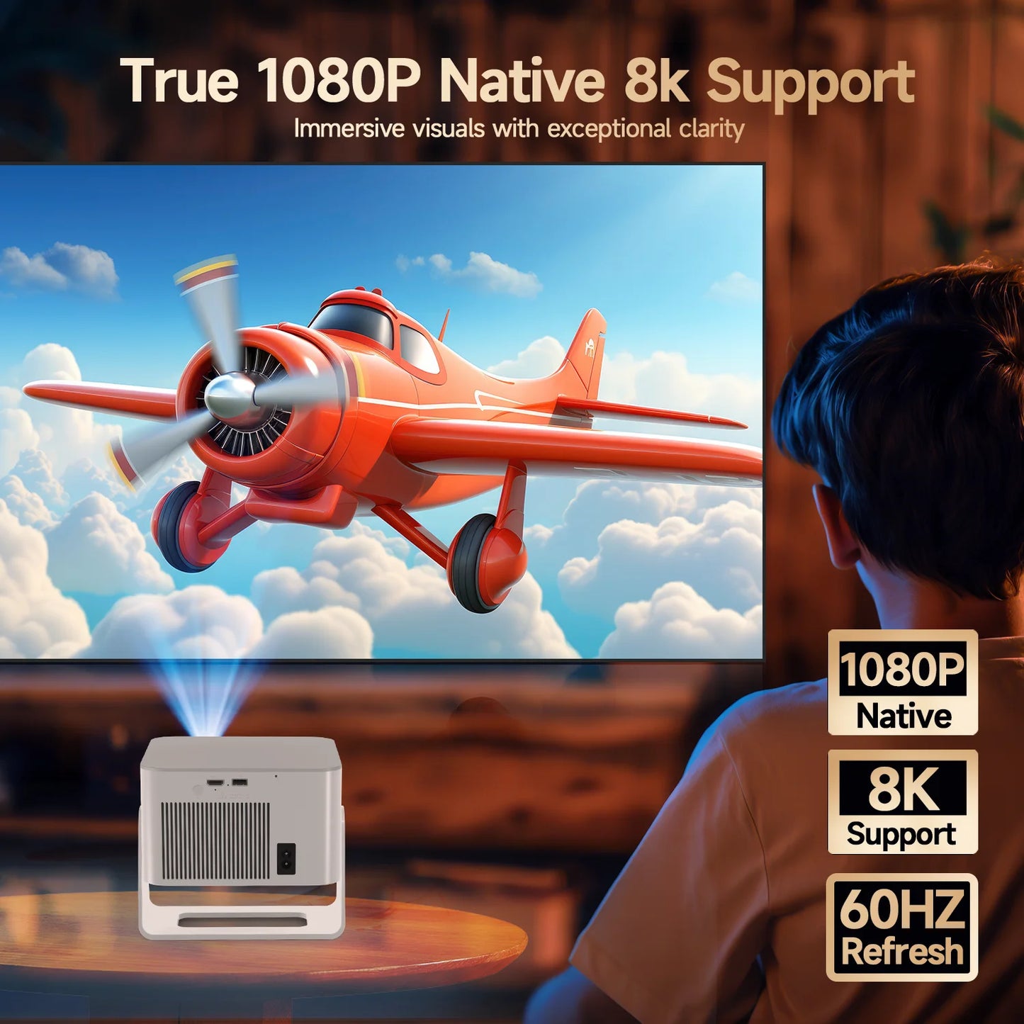 Projecteur Android 14 900 ANSI — mise au point automatique, natif 1080P, WiFi6, BT5.4, portable extérieur