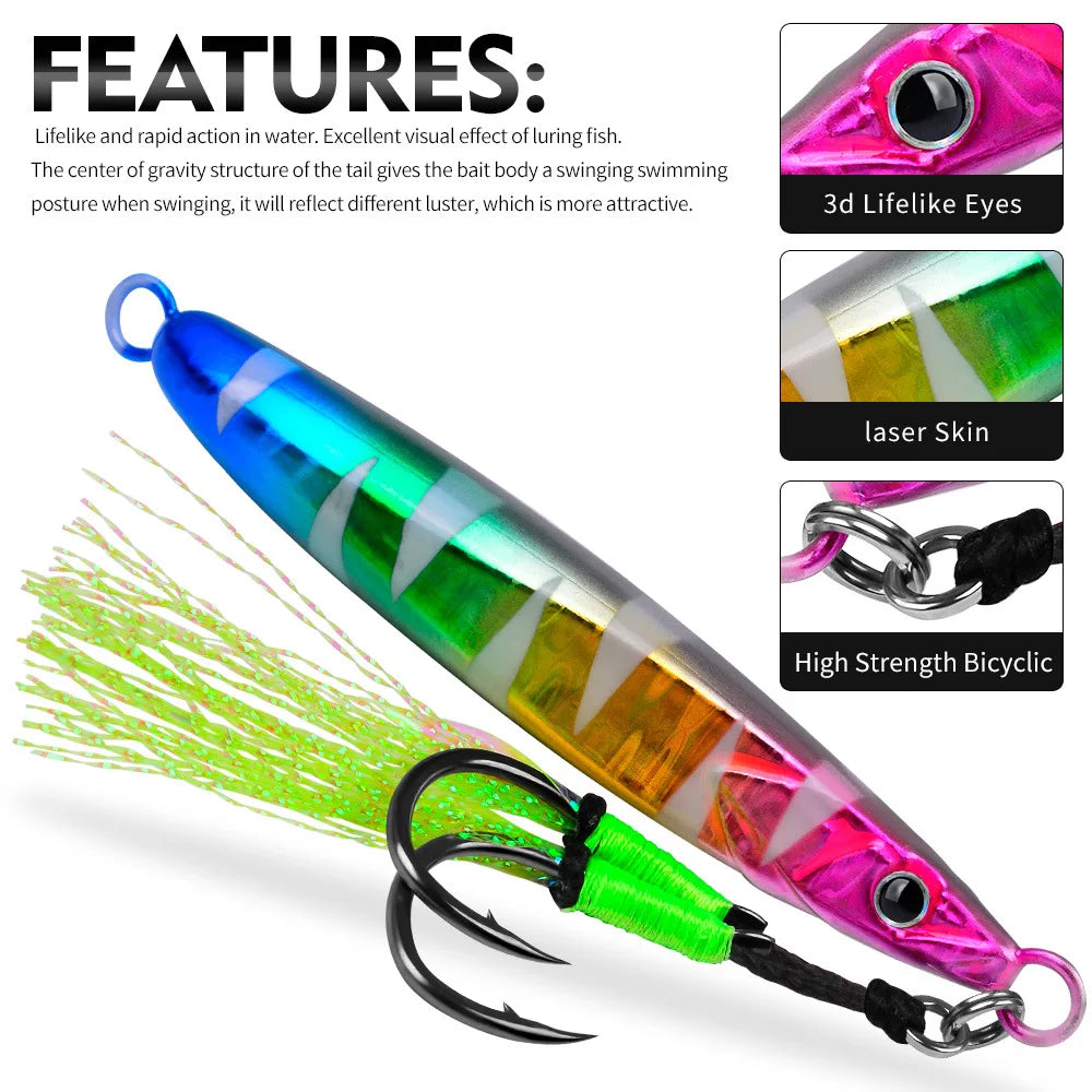 Leurre de pêche en métal lumineux LHFSH, appât dur 20g-80g à coulée lente avec hameçons triples pour la pêche au bar et au thon