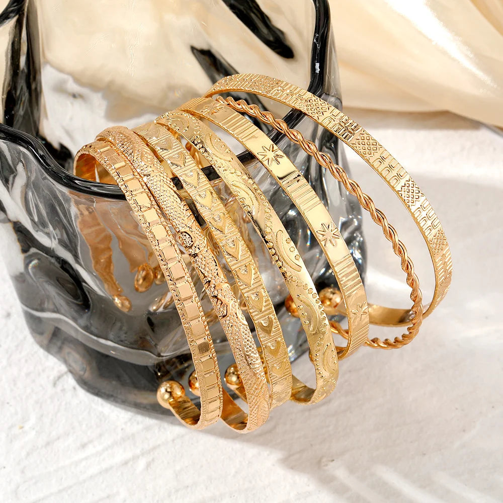 Women's Gold Color Punk Bracelets, Streetwear, Gothic Heart Prints, Metal Design, Open Cuff Bracelet, Fashion Jewelry, Gifts, 7pcs/Set