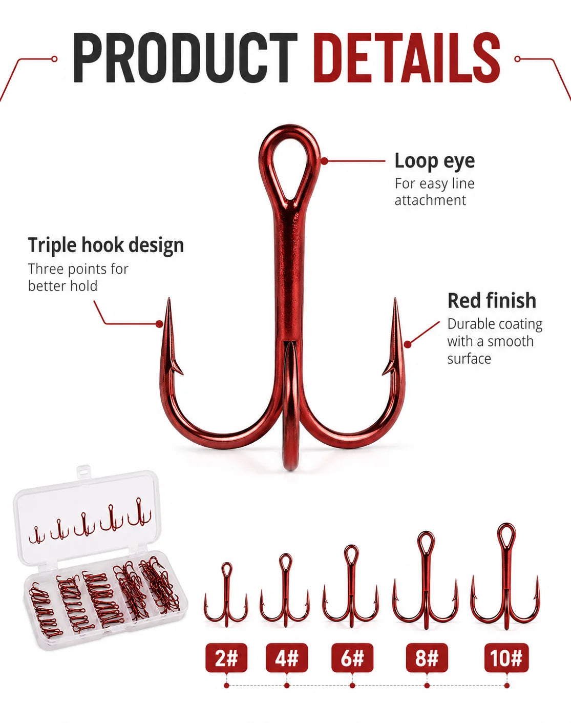 Ensemble de 50 hameçons triples rouges avec boîte de rangement, 5 tailles 2 #   4 #   Assortiment d'hameçons de pêche 6 8 10 pour leurres et kit de remplacement de matériel de pêche