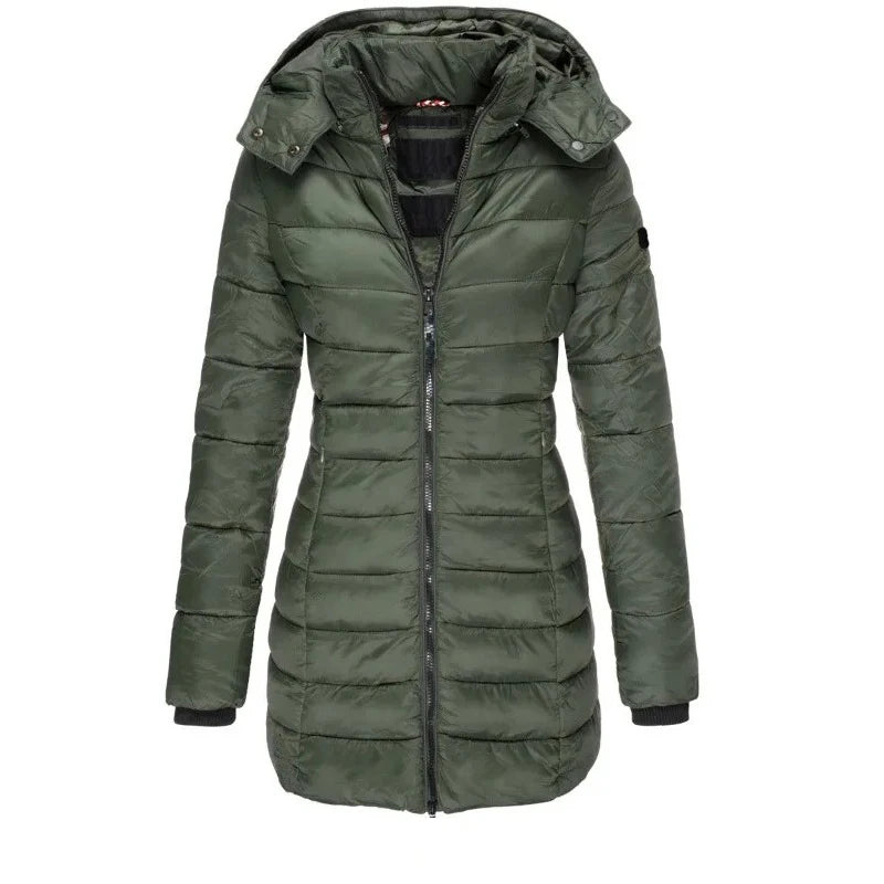 Women's Thick Warm Parka, Solid Color Zip-up Coat, Long Sleeve Padded Puffer Mid-length Slim Hoodie Winter Jacket