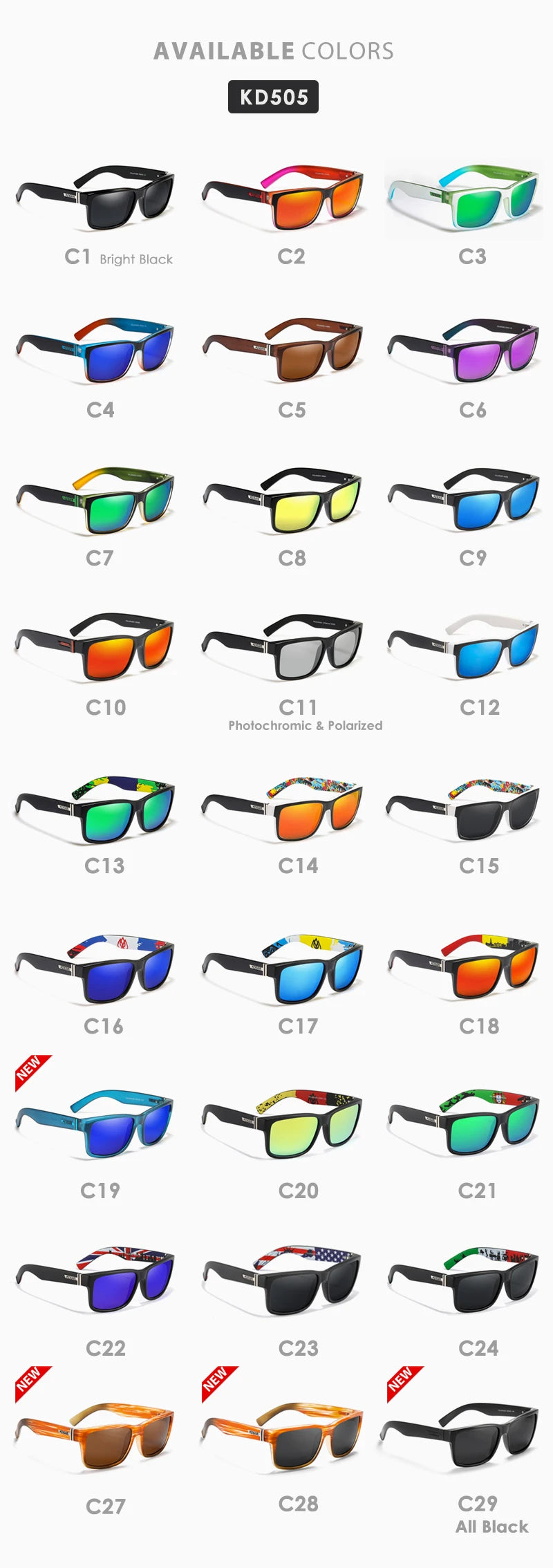 Lunettes de soleil sport polarisées — couleurs choquantes, conduite extérieur, photochromiques, avec boîte