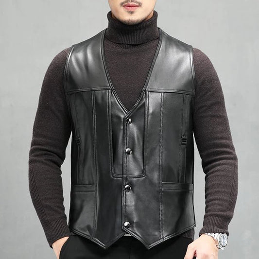 Gilet en cuir glacé pour homme classique — peau de mouton, col en V, cérémonie, nouvelle collection 2024