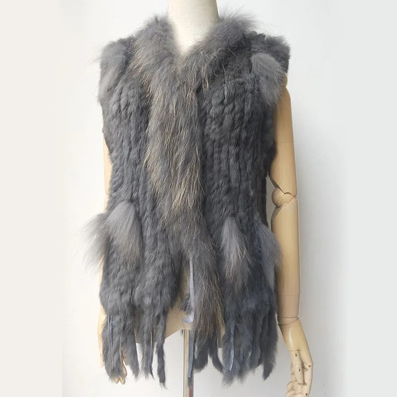 Gilet tricoté en vraie fourrure de lapin naturelle avec pompon, Gilet chaud sans manches pour femmes, avec garniture en vraie fourrure de raton laveur