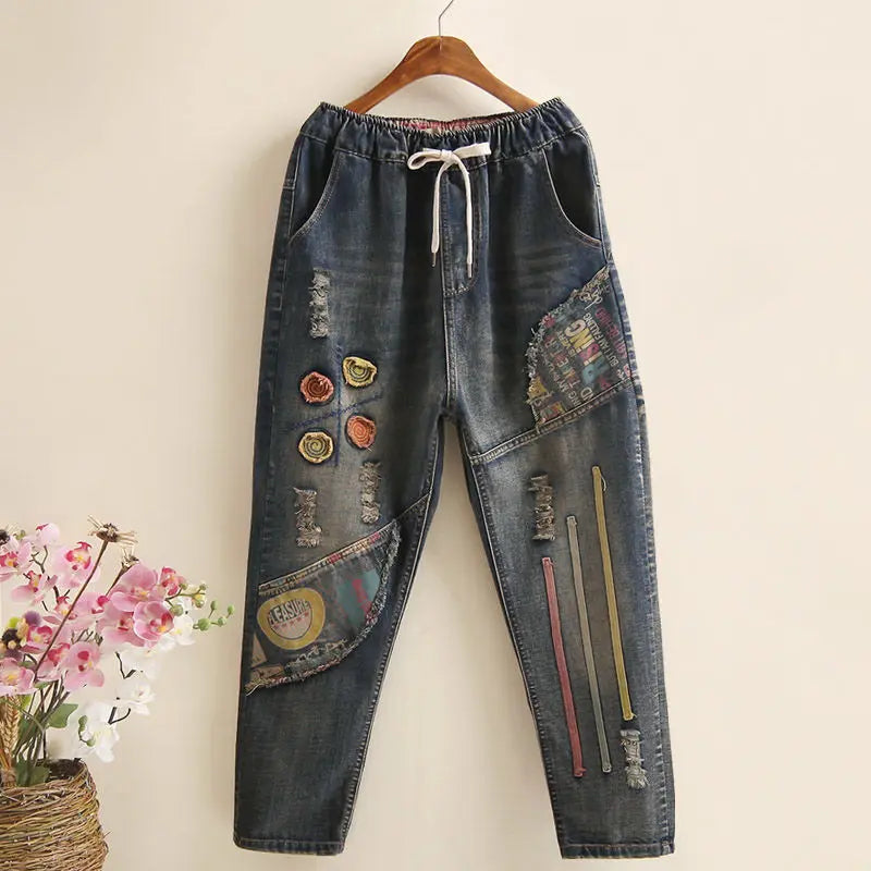 Jean Femme Ethnique Brodé Taille Élastique — Ample Harlan Rétro 2025