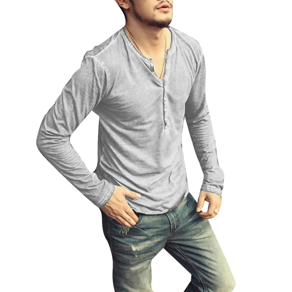 T-shirt Homme Col V Manches Longues & Hauts Élégants à Boutons T-shirt Henley Décontracté Automne 2026 Vêtement Masculin Uni 5XL