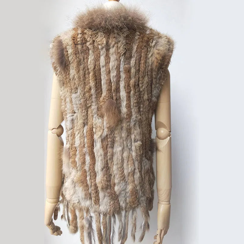 Gilet tricoté en vraie fourrure de lapin naturelle avec pompon, Gilet chaud sans manches pour femmes, avec garniture en vraie fourrure de raton laveur