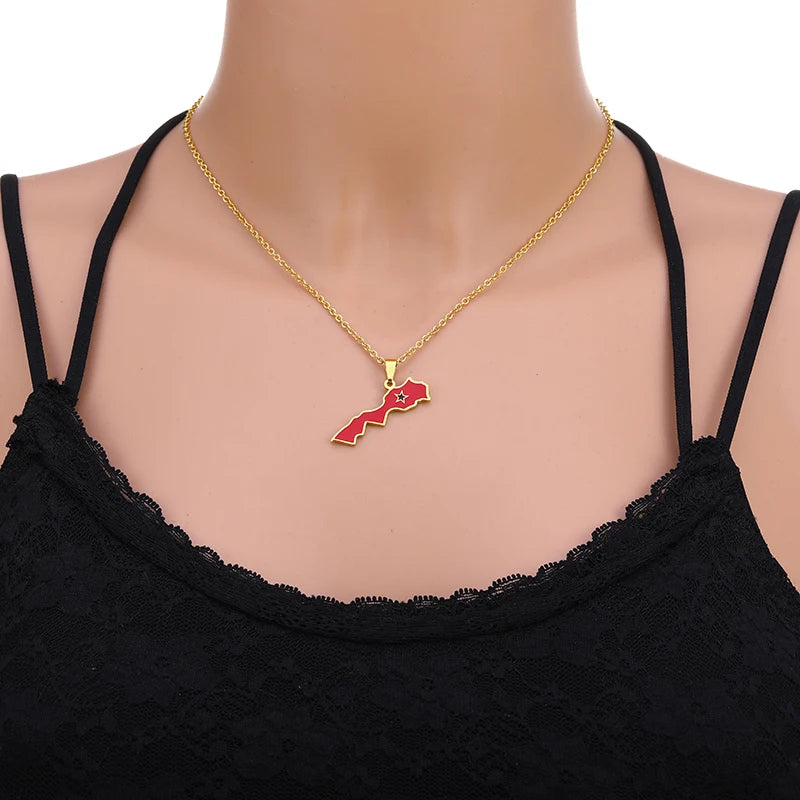 Kingdom of Morocco Map Flag Pendant Necklace Stainless Steel Men Women African Ethnic Jewelry The Kingdom of Morocco National Flag