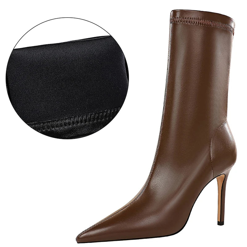 BIGTREE-Botas de piel de tacón alto para mujer, botines cortos, zapatos de tacón, otoño e invierno