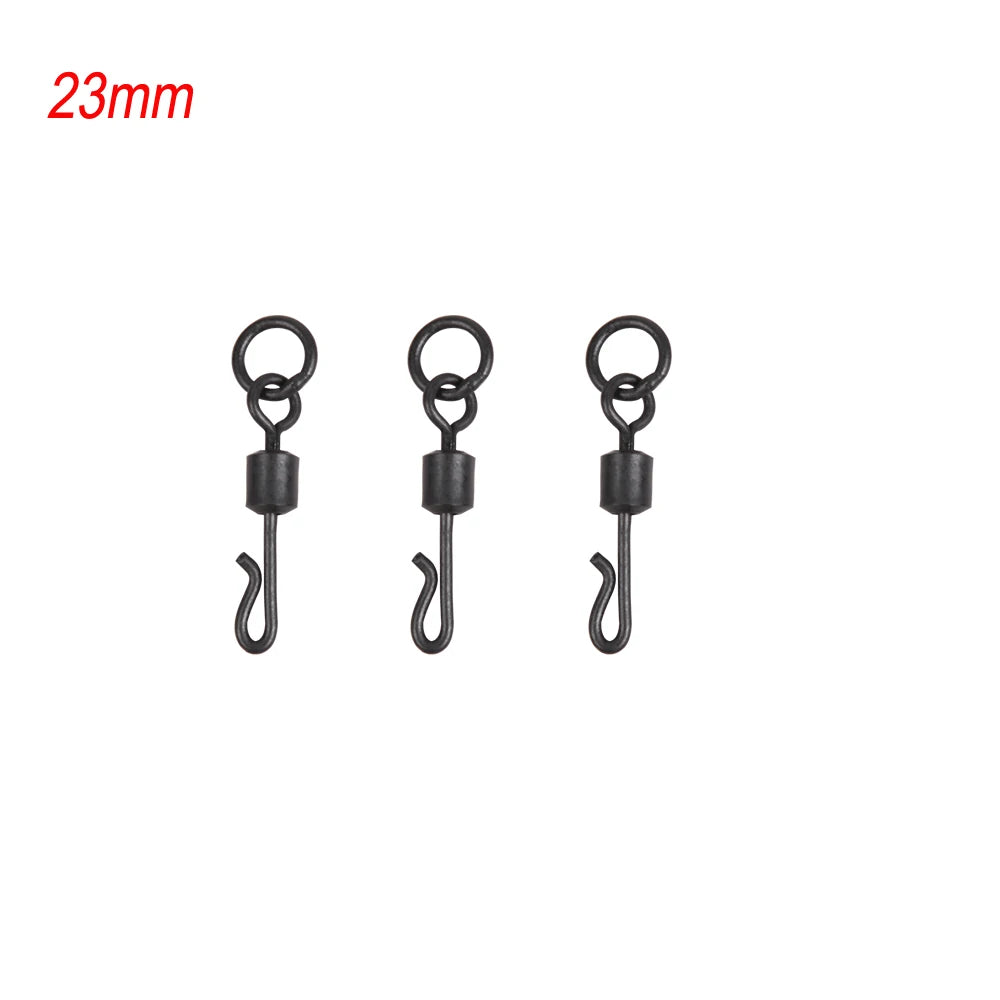Émerillons roulants pour pêche à la carpe, 30 pièces, noir mat, corps Long, changement rapide, avec anneau, connecteur à pression, accessoires de pêche à la carpe